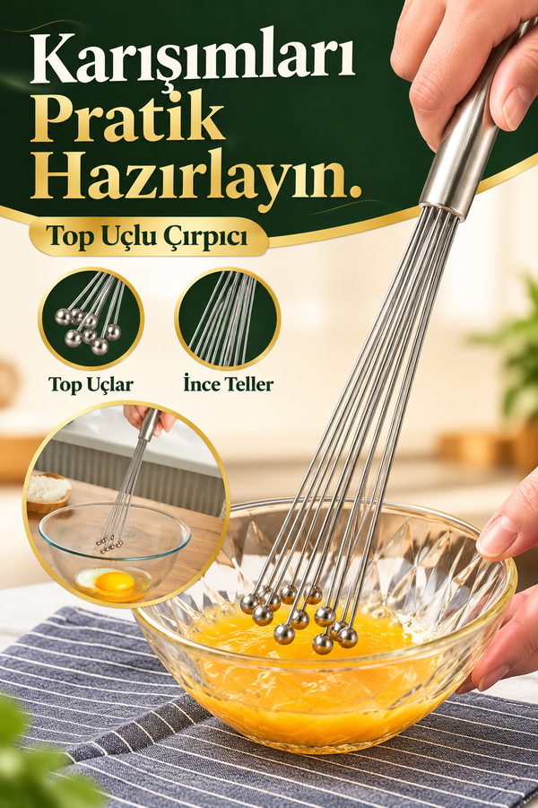 Mucit Home Ayarlanabilir Paslanmaz Çelik Metal Boncuk Top Uçlu Çırpıcı Sos Karıştırıcı Top Uçlu Yumurta Çırpıcı