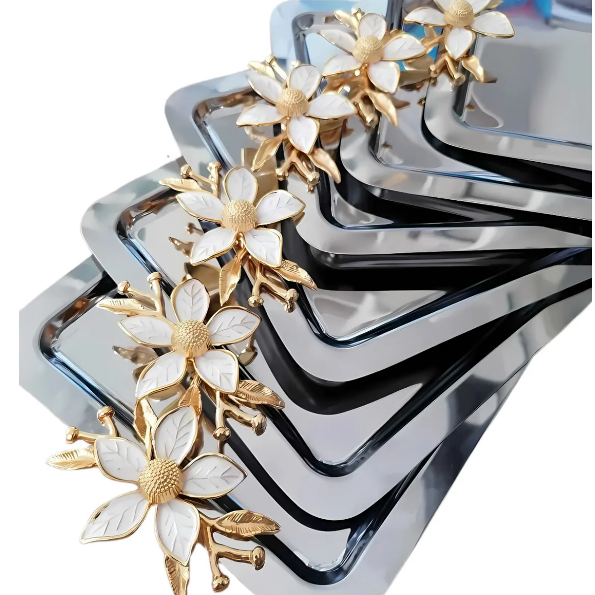 Mucit Home  6'lı Lüx Kare Kahve Sunum Tepsisi | Zambak Çiçek Aksesuarlı Paslanmaz Çelik Kahve, Çay, Dekoratif Su