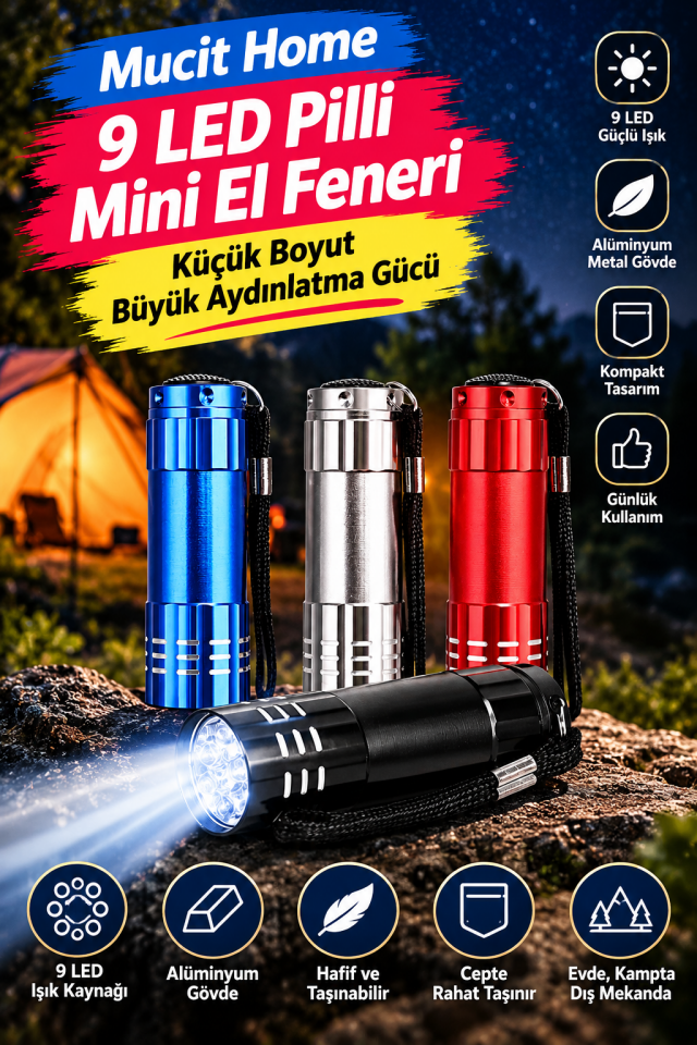 Mucit Home 9 LED’li Pilli El Feneri Pratik ve Ekonomik Aydınlatma Kompakt Günlük Kullanım