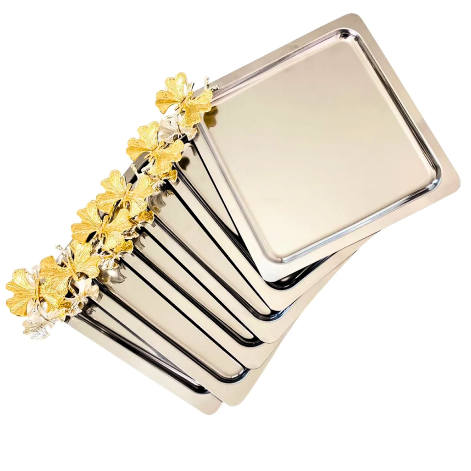 Mucit Home  6'lı Lüx Gümüş Kare Kahve Sunum Tepsisi | Kelebek Aksesuarlı Paslanmaz Çelik Kahve, Çay, Dekoratif S