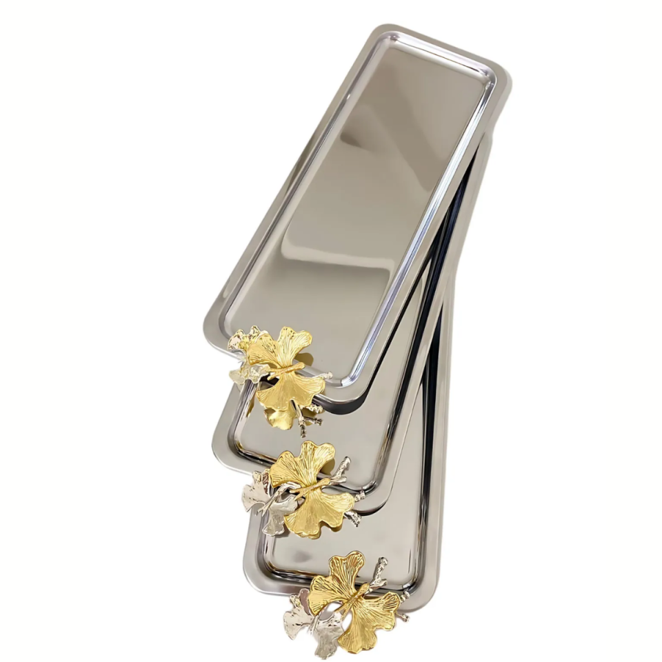 Mucit Home  3'lü Lüx Sunum Tepsisi | Baton Gümüş Kelebek