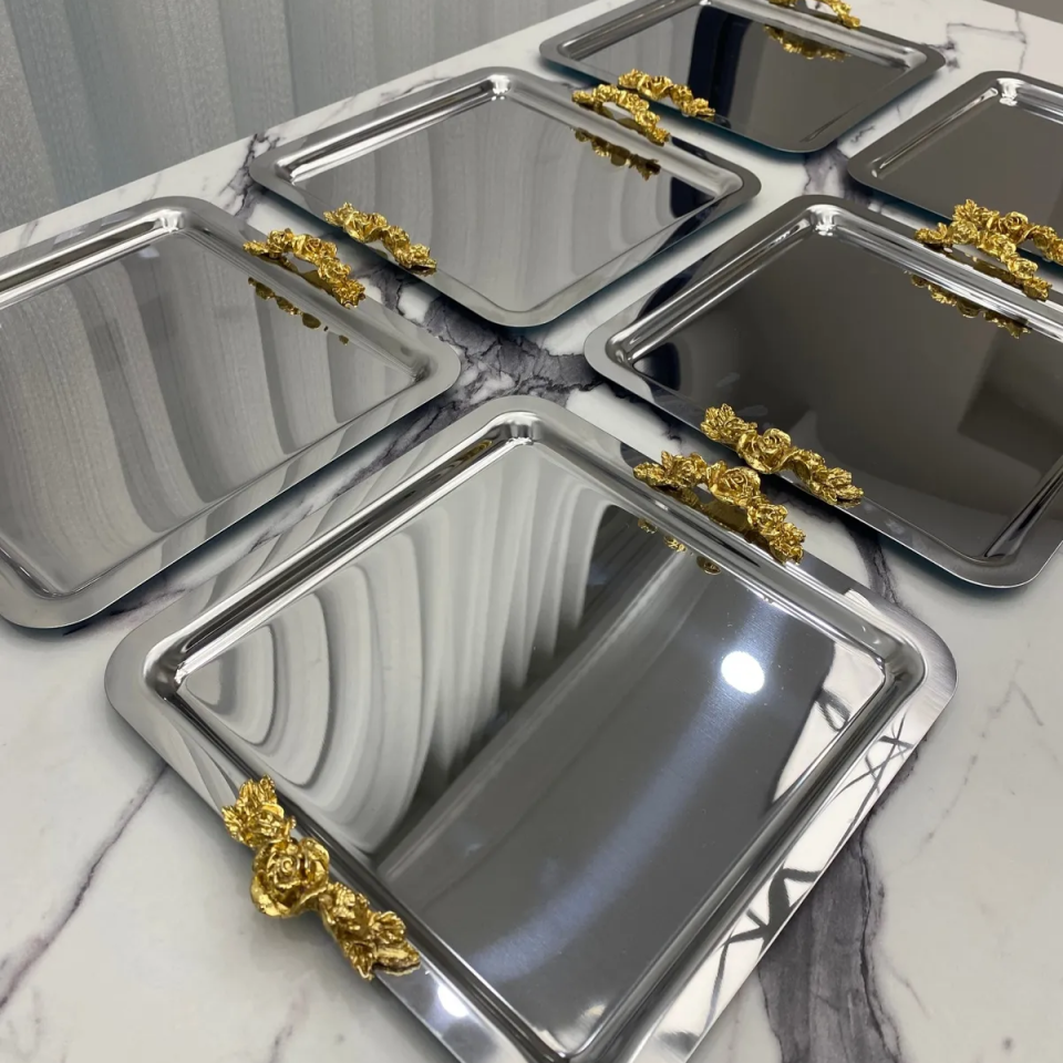 Mucit Home  Lüx Kare 6 Lı kalın Kulplu Gümüş Kaplama Model çay,kahve,ikram servis Sunum Tepsisi 21x21