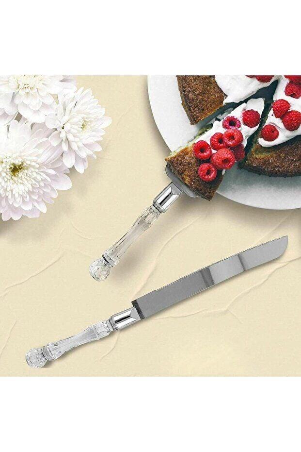 Mucit Home Kristal Saplı Pasta Servis Seti Spatula Bıçak Ikili Set