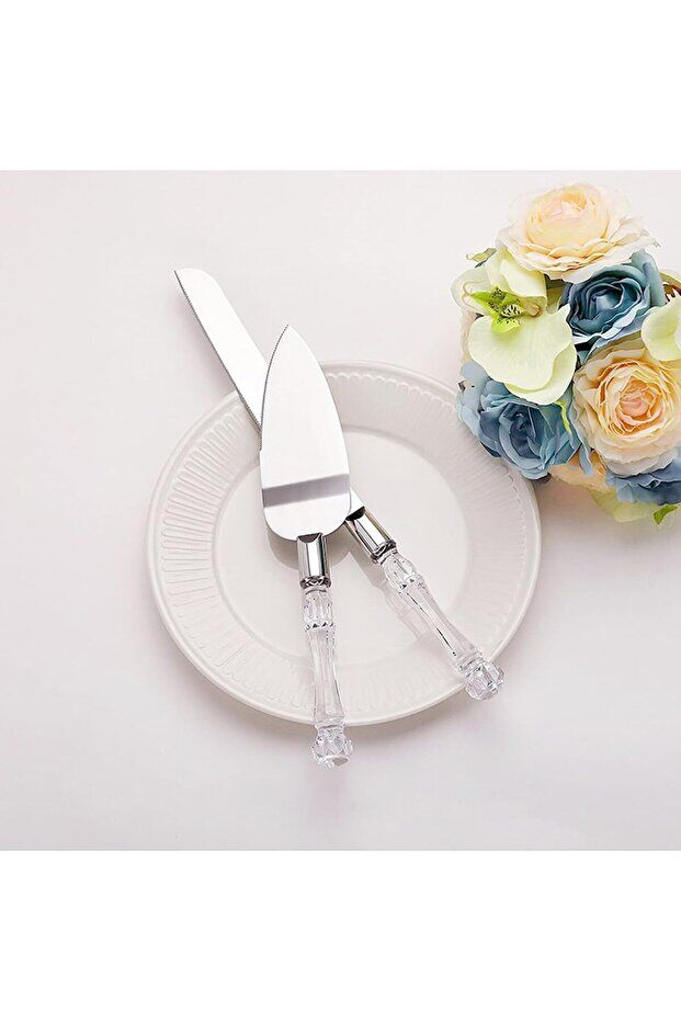 Mucit Home Kristal Saplı Pasta Servis Seti Spatula Bıçak Ikili Set
