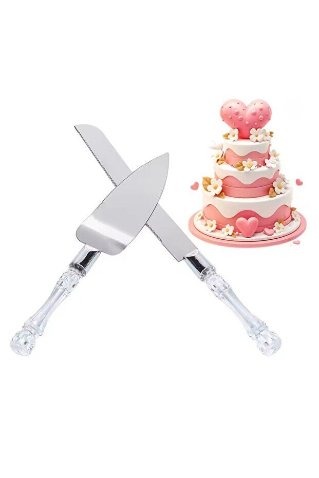 Mucit Home Kristal Saplı Pasta Servis Seti Spatula Bıçak Ikili Set