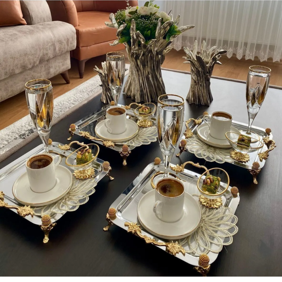 Mucit Home  Kahve & Çay & Sunum Tepsisi Lüx Ayaklı ve Kulplu Paslanmaz 22 CM