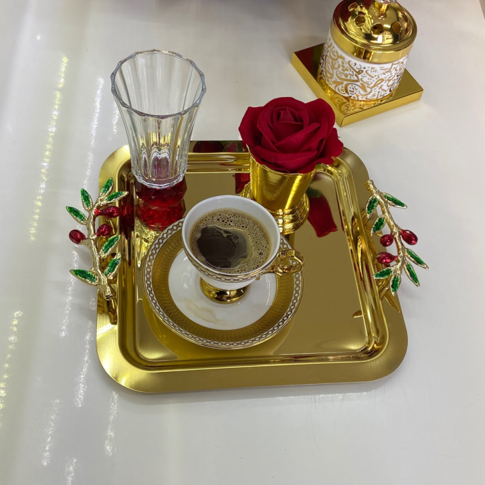 Mucit Home  Kahve & Çay & Sunum Tepsisi Gold Tepsi ZEYTİN DALI & KİRAZ MODELE UYUMLU 1 adet