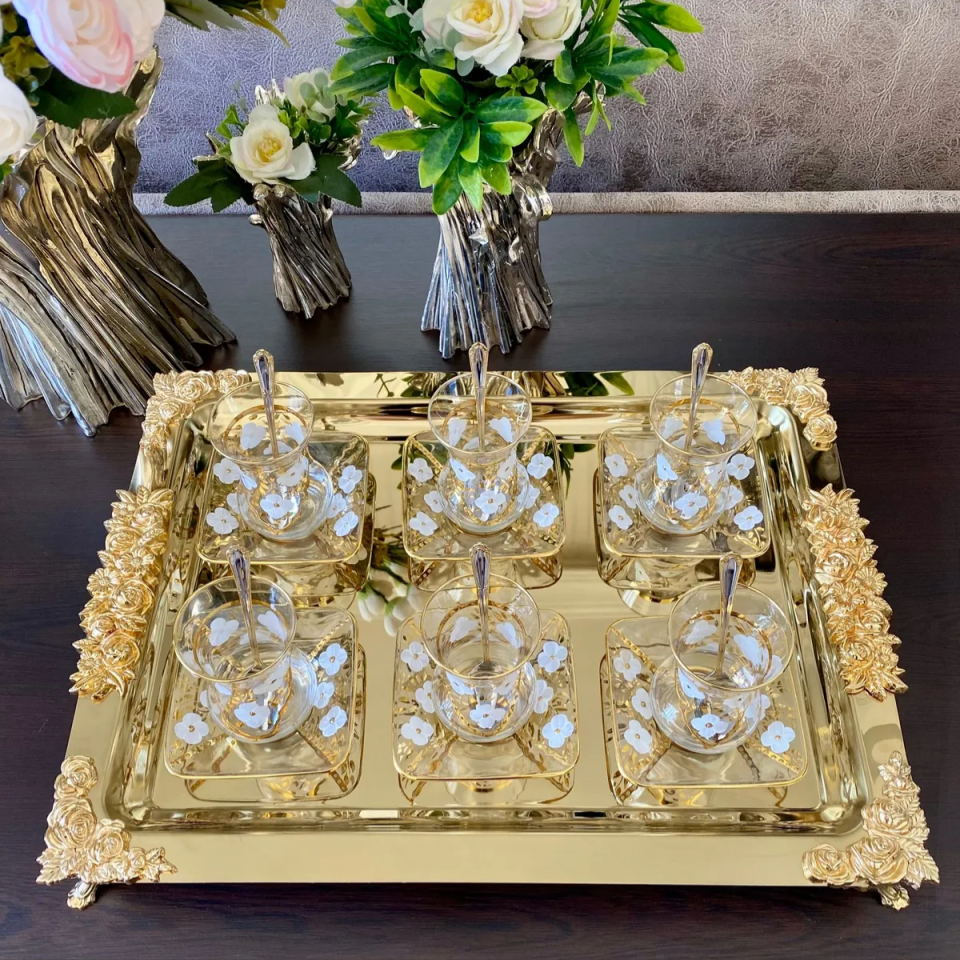 Mucit Home  Büyük 6 Kişilik GOLD Lüks Çay Sunum Tepsisi Döküm Ayaklı Ve Güllü(SADECE TEPSİ)