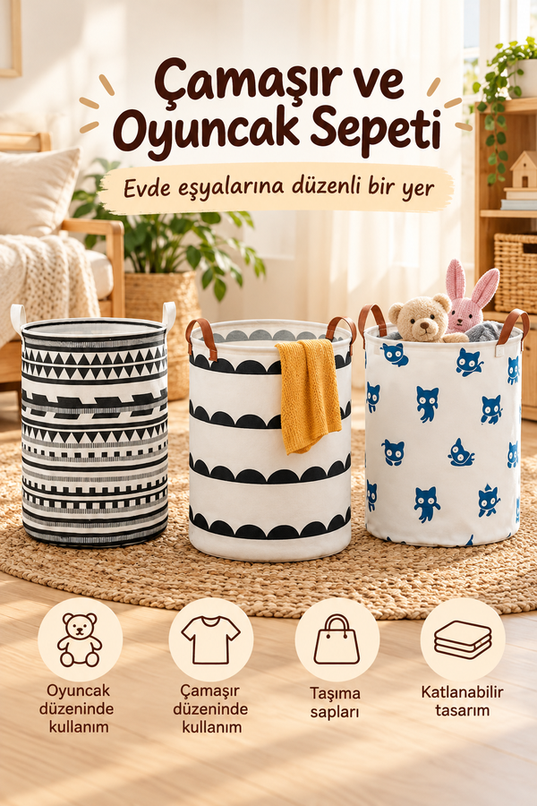 Mucit Home Katlanabilir Çamaşır Oyuncak Sepeti Karışık Desen