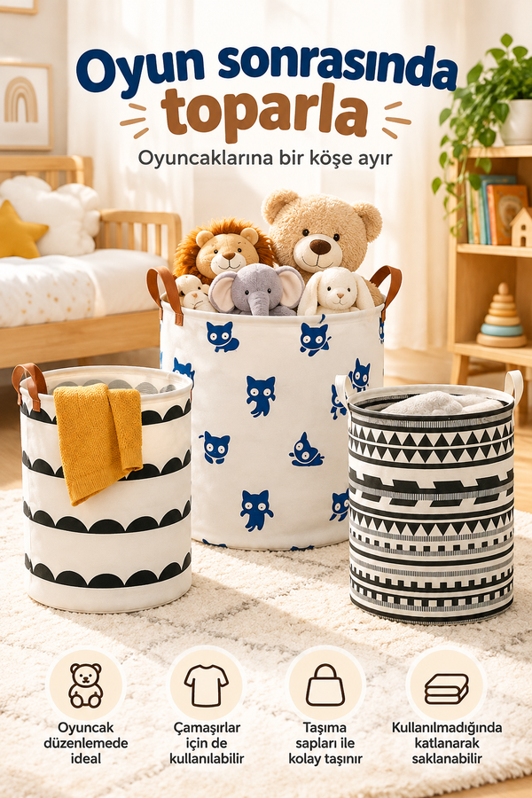 Mucit Home Katlanabilir Çamaşır Oyuncak Sepeti Karışık Desen