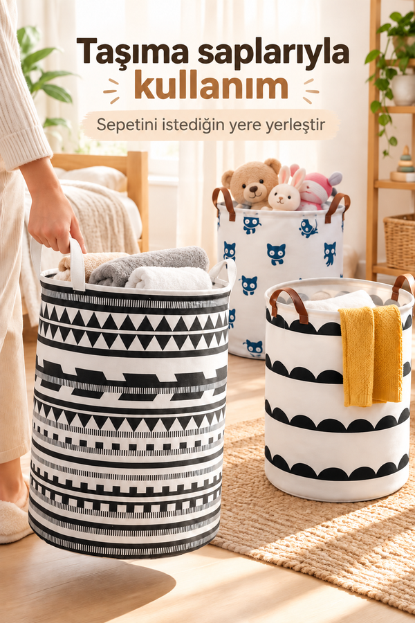 Mucit Home Katlanabilir Çamaşır Oyuncak Sepeti Karışık Desen