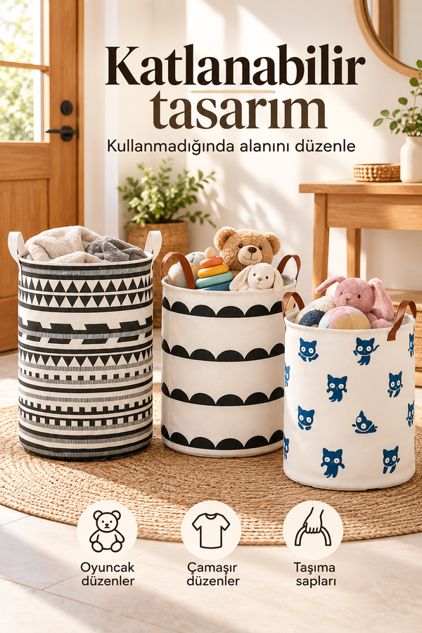 Mucit Home Katlanabilir Çamaşır Oyuncak Sepeti Karışık Desen