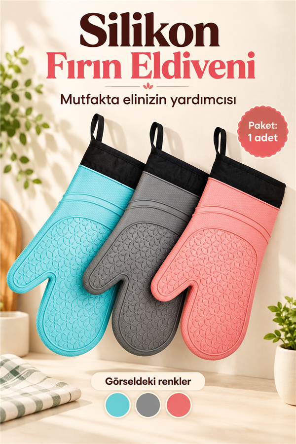 Mucit Home 1 ADET %100 Silikon Yanmaz Yapışmaz Silikon Fırın Eldiveni Mutfak Eldiveni Isıya Dayanıklı Eldiven