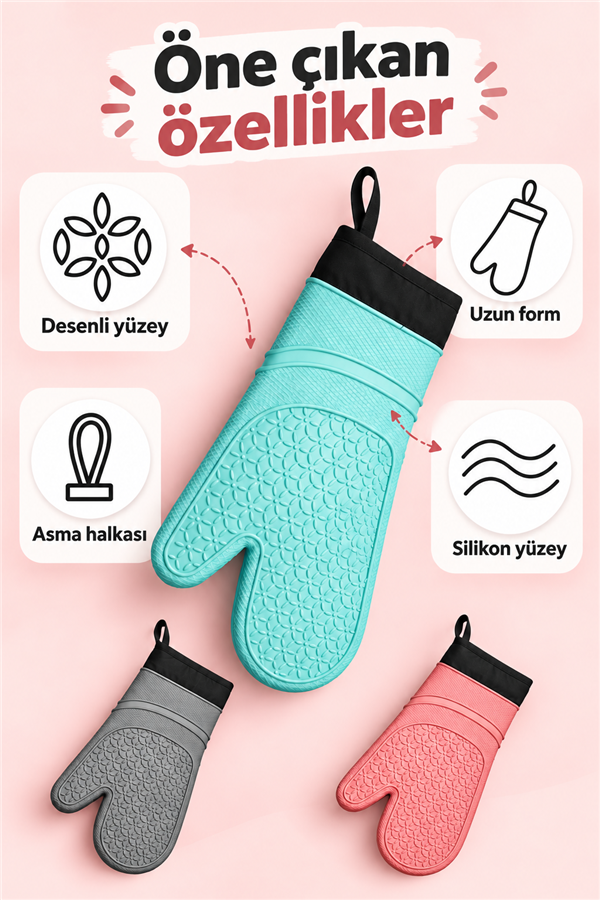 Mucit Home 1 ADET %100 Silikon Yanmaz Yapışmaz Silikon Fırın Eldiveni Mutfak Eldiveni Isıya Dayanıklı Eldiven