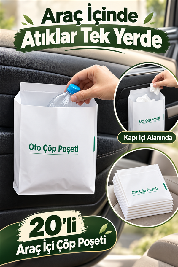 Mucit Home Su Geçirmez Yapışkanlı Tek Kullanımlık Araç İçi Oto Çöp Poşeti 20'li Pratik Torba Seti
