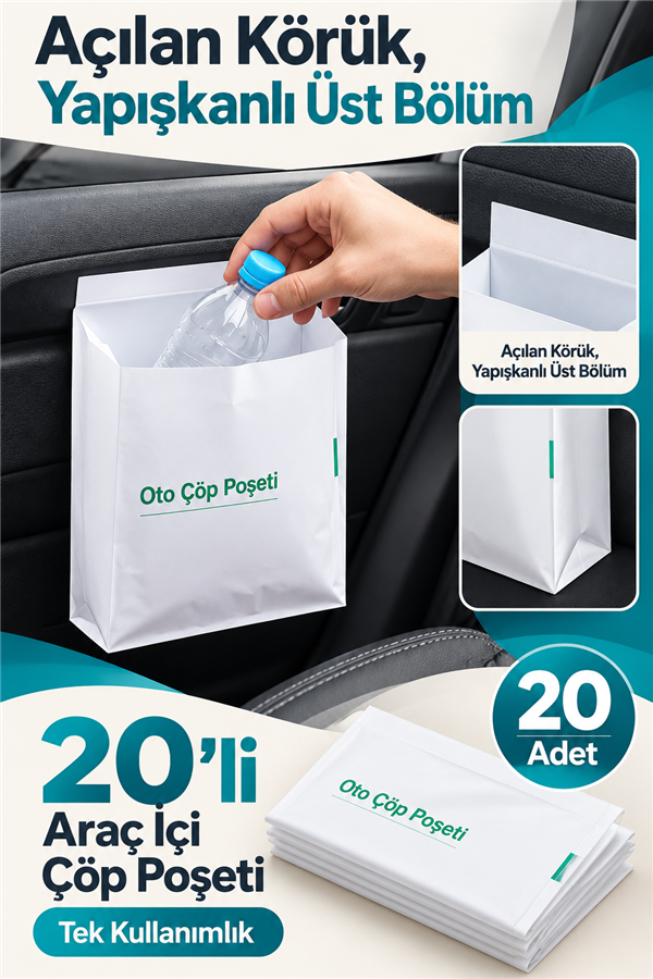 Mucit Home Su Geçirmez Yapışkanlı Tek Kullanımlık Araç İçi Oto Çöp Poşeti 20'li Pratik Torba Seti