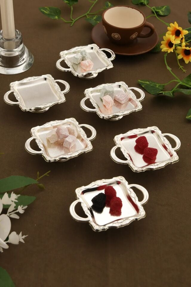 Mucit Home Mini Kulplu Kare Model Ayaklı lokumluk 6'lı Takım Gümüş