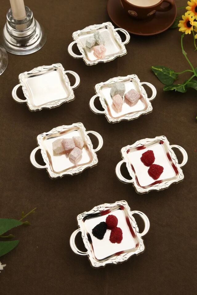 Mucit Home Mini Kulplu Kare Model Ayaklı lokumluk 6'lı Takım Gümüş
