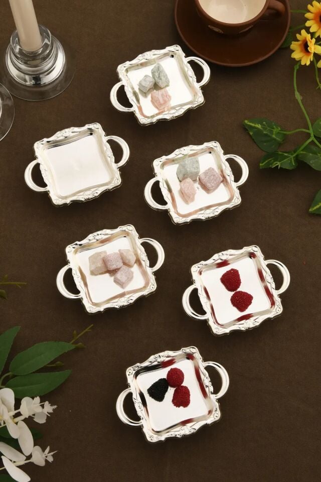 Mucit Home Mini Kulplu Kare Model Ayaklı lokumluk 6'lı Takım Gümüş