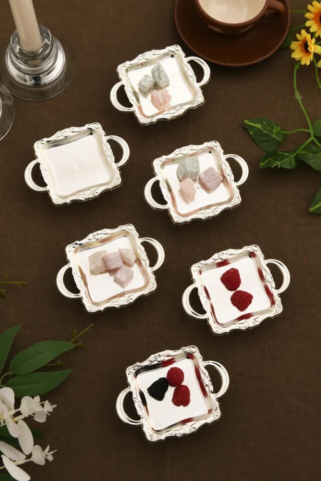 Mucit Home Mini Kulplu Kare Model Ayaklı lokumluk 6'lı Takım Gümüş