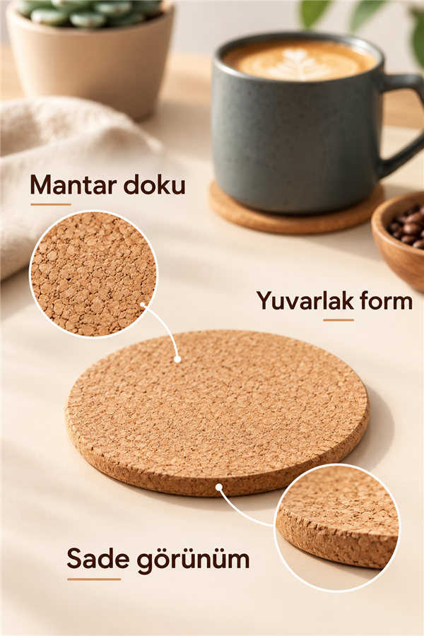 Mucit Home  Doğal Mantar Bardak Altlığı Seti 6 Adet Yuvarlak Isıya Dayanıklı Kahve Çay Sunum Nihalesi