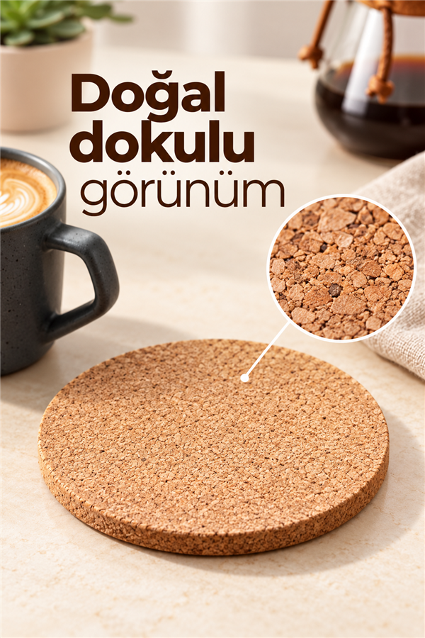 Mucit Home  Doğal Mantar Bardak Altlığı Seti 6 Adet Yuvarlak Isıya Dayanıklı Kahve Çay Sunum Nihalesi