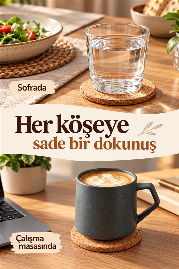Mucit Home  Doğal Mantar Bardak Altlığı Seti 6 Adet Yuvarlak Isıya Dayanıklı Kahve Çay Sunum Nihalesi