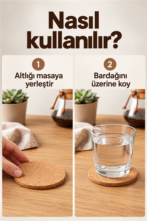 Mucit Home  Doğal Mantar Bardak Altlığı Seti 6 Adet Yuvarlak Isıya Dayanıklı Kahve Çay Sunum Nihalesi