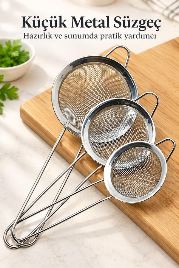 Mucit Home 3 Lü Küçük Metal Süzgeç Seti 6-7-8 cm Boyutlarda