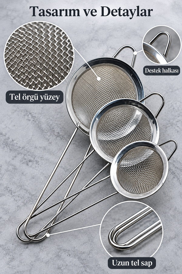 Mucit Home 3 Lü Küçük Metal Süzgeç Seti 6-7-8 cm Boyutlarda