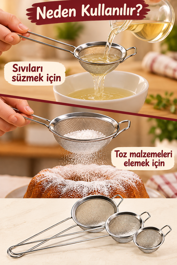 Mucit Home 3 Lü Küçük Metal Süzgeç Seti 6-7-8 cm Boyutlarda