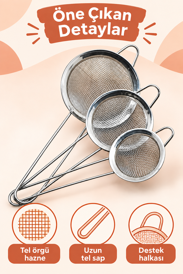 Mucit Home 3 Lü Küçük Metal Süzgeç Seti 6-7-8 cm Boyutlarda