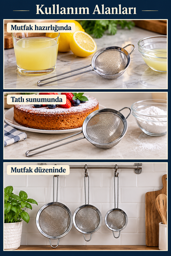 Mucit Home 3 Lü Küçük Metal Süzgeç Seti 6-7-8 cm Boyutlarda