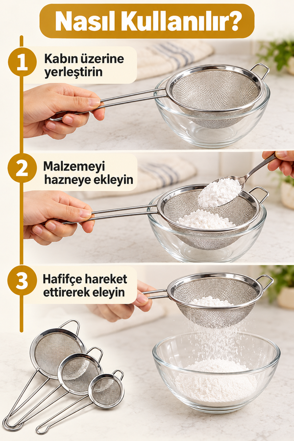 Mucit Home 3 Lü Küçük Metal Süzgeç Seti 6-7-8 cm Boyutlarda