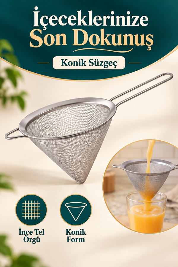 Mucit Home Çift Kulaklı Shake Süzme Süzgeci Konik Huni Süzgeç Kokteyl Süzgeci 12 cm