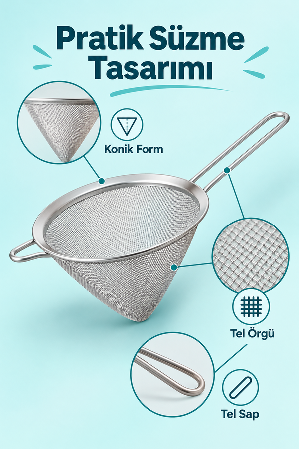 Mucit Home Çift Kulaklı Shake Süzme Süzgeci Konik Huni Süzgeç Kokteyl Süzgeci 12 cm