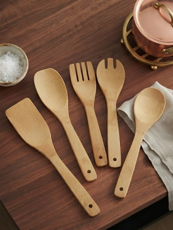 Mucit Home Bambu 5 Parça Yemek Pişirme Servis Spatula Seti Ahşap Spatula Seti Asılabilir