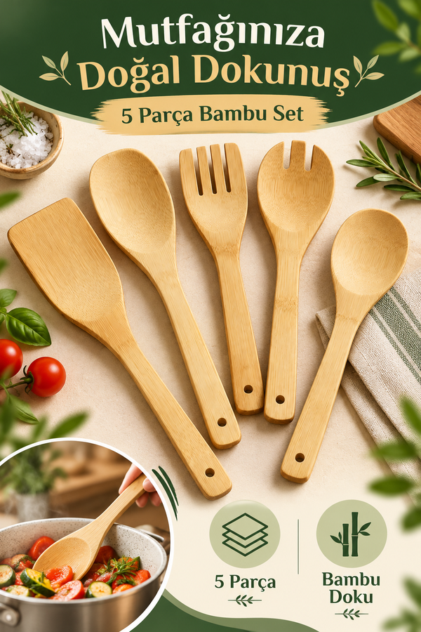 Mucit Home Bambu 5 Parça Yemek Pişirme Servis Spatula Seti Ahşap Spatula Seti Asılabilir