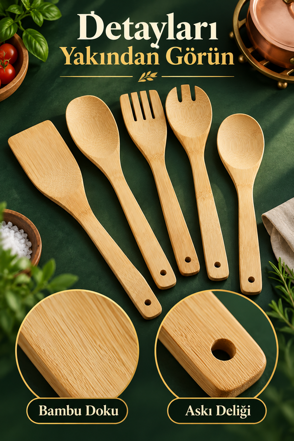 Mucit Home Bambu 5 Parça Yemek Pişirme Servis Spatula Seti Ahşap Spatula Seti Asılabilir
