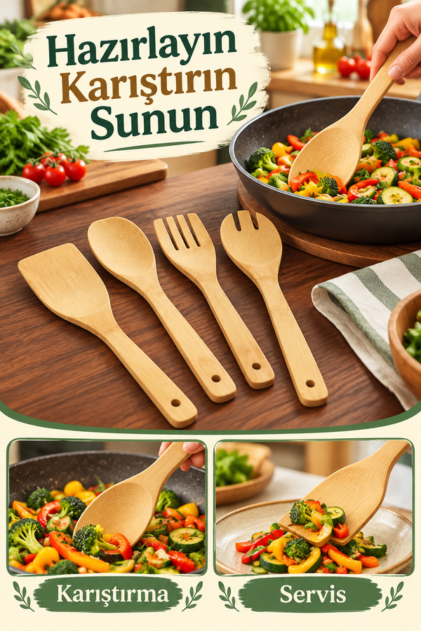 Mucit Home Bambu 5 Parça Yemek Pişirme Servis Spatula Seti Ahşap Spatula Seti Asılabilir