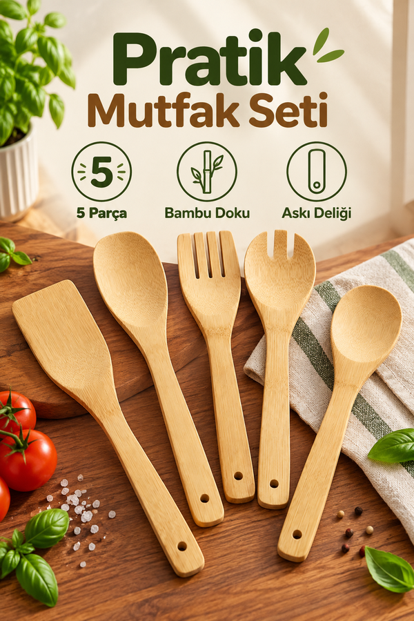 Mucit Home Bambu 5 Parça Yemek Pişirme Servis Spatula Seti Ahşap Spatula Seti Asılabilir