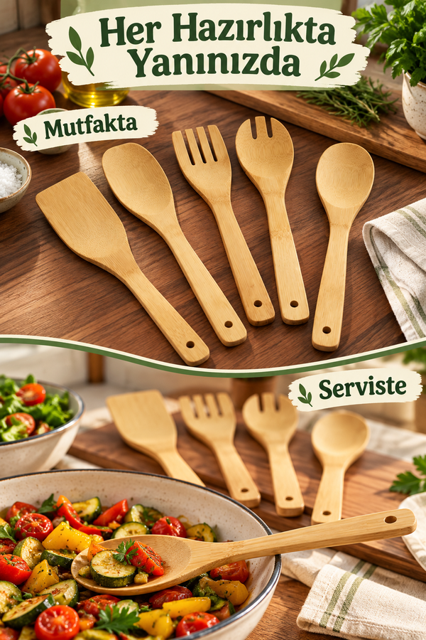 Mucit Home Bambu 5 Parça Yemek Pişirme Servis Spatula Seti Ahşap Spatula Seti Asılabilir