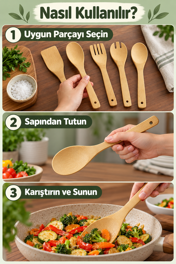Mucit Home Bambu 5 Parça Yemek Pişirme Servis Spatula Seti Ahşap Spatula Seti Asılabilir