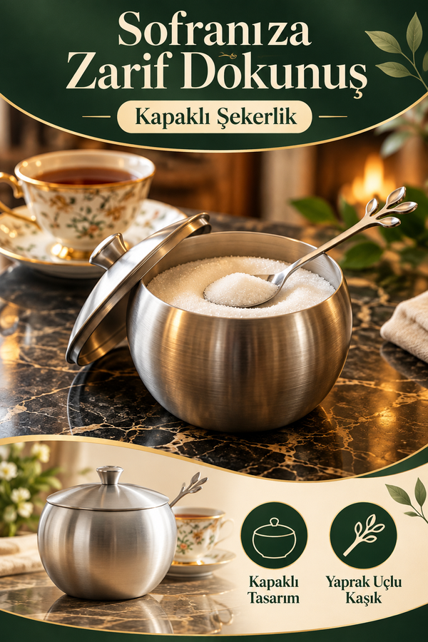 Mucit Home Yaprak Desenli Paslanmaz Çelik Şekerlik Kasesi