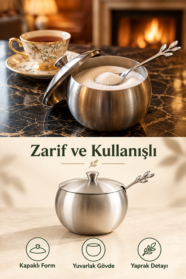 Mucit Home Yaprak Desenli Paslanmaz Çelik Şekerlik Kasesi