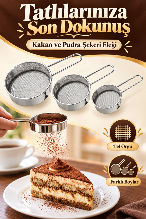 Mucit Home Kakao Pudra Şeker Eleme Süzgeç Seti Tramisu Süsleme Kakao Süzgeçi İnce Delikli