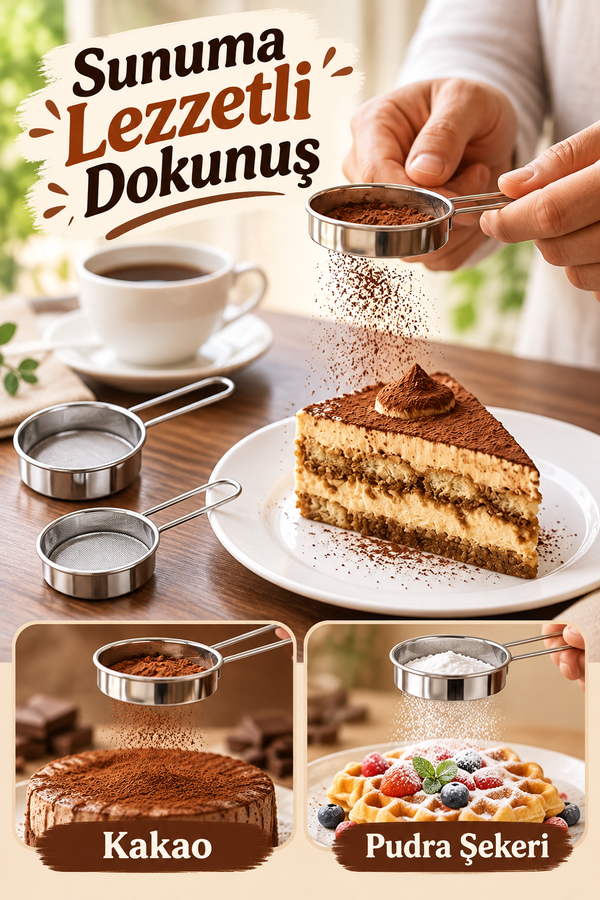 Mucit Home Kakao Pudra Şeker Eleme Süzgeç Seti Tramisu Süsleme Kakao Süzgeçi İnce Delikli