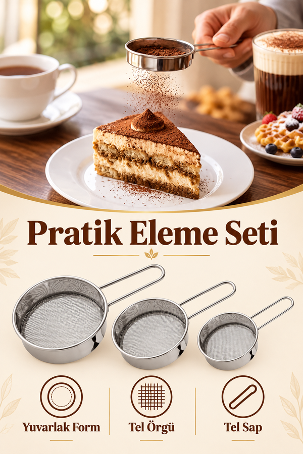 Mucit Home Kakao Pudra Şeker Eleme Süzgeç Seti Tramisu Süsleme Kakao Süzgeçi İnce Delikli
