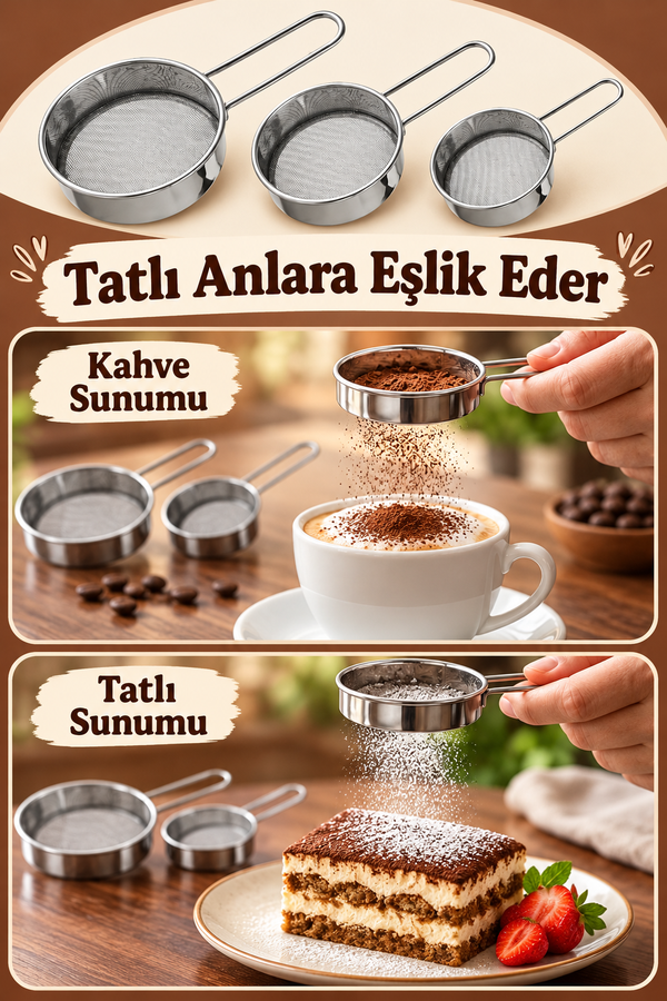 Mucit Home Kakao Pudra Şeker Eleme Süzgeç Seti Tramisu Süsleme Kakao Süzgeçi İnce Delikli