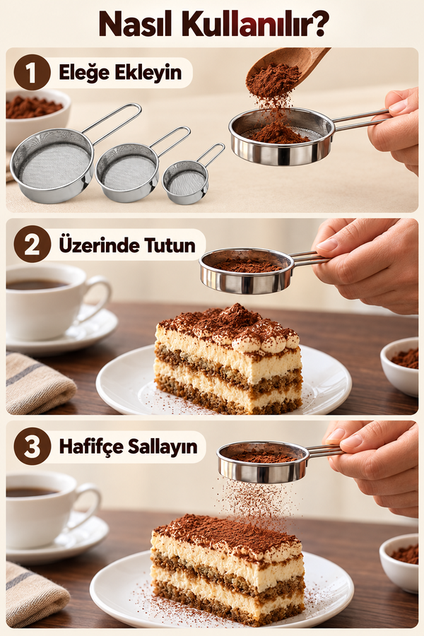 Mucit Home Kakao Pudra Şeker Eleme Süzgeç Seti Tramisu Süsleme Kakao Süzgeçi İnce Delikli
